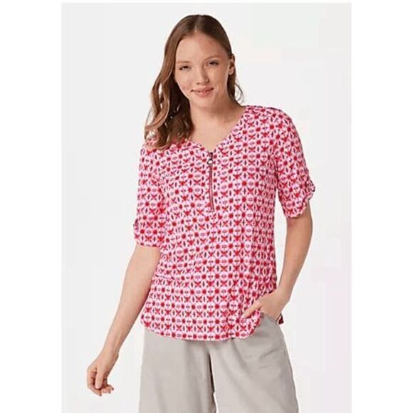 Susan Graver Womens 3X Printed Liquid Knit Short Sleeve Half-Zip Top Blue NWT - Picture 3 of 4